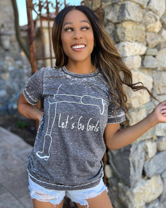 Let’s Go Girls “Boots” Gray Acid-Wash Tee